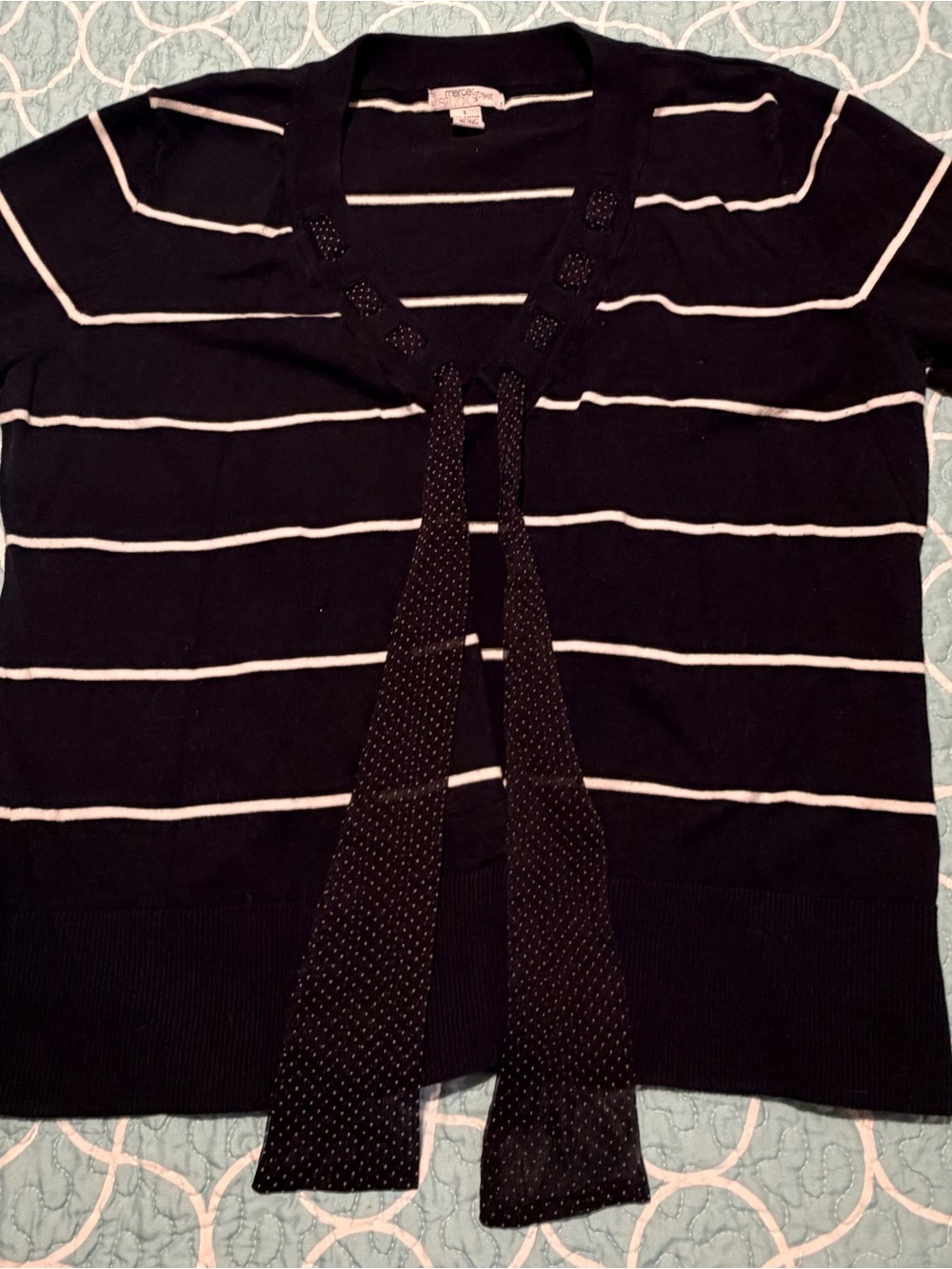 Mercer Street Studio Black and White Striped V-Neck Tie Cardigan